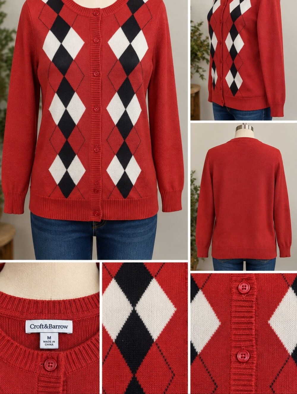 croft & barrow Red Argyle Button-Front Cardigan